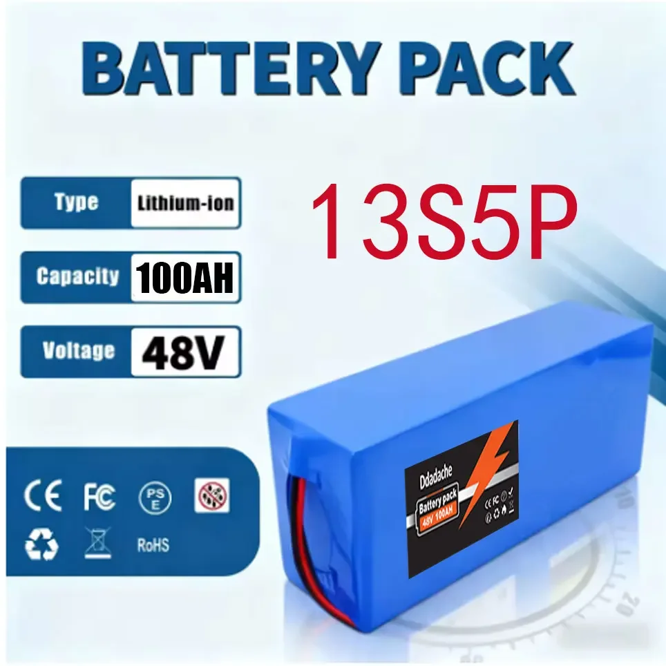 Pack de batteries 18650 adapté aux moteurs de 500 à 1000 W, batterie au lithium rechargeable 13S5P 48 V 100 000 mAh, BMS intelligent intégré, utilisé pour la plupart des vélos électriques pliants