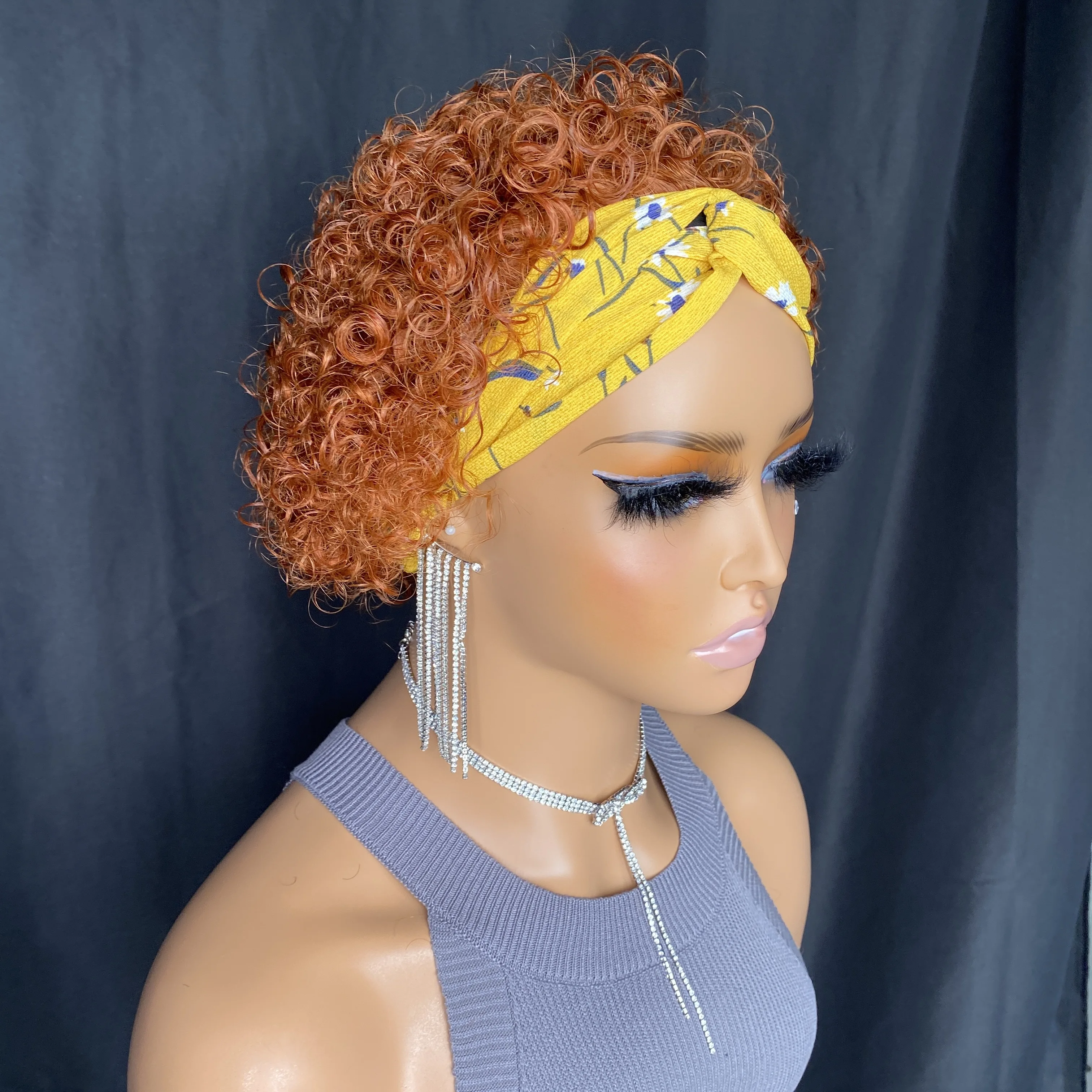 Orange #350 Color Short Deep Wave Remy Human Hair Wig for Black Women Machine Made Headband Wig