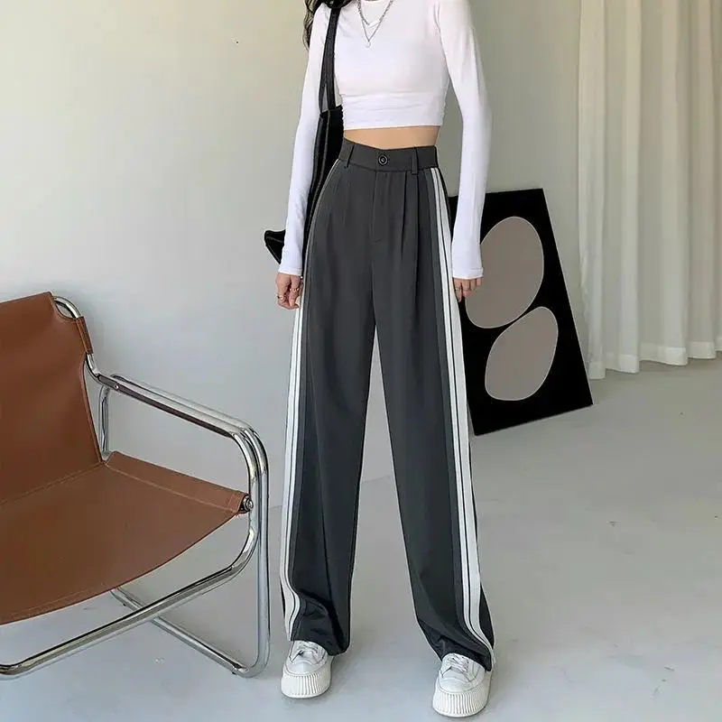 ใหม่ Basic สีเทากางเกงผู้หญิงเกาหลีแฟชั่นเอวสูงตรงลายกางเกงขากว้างฤดูใบไม้ผลิฤดูใบไม้ร่วง Baggy กางเกง