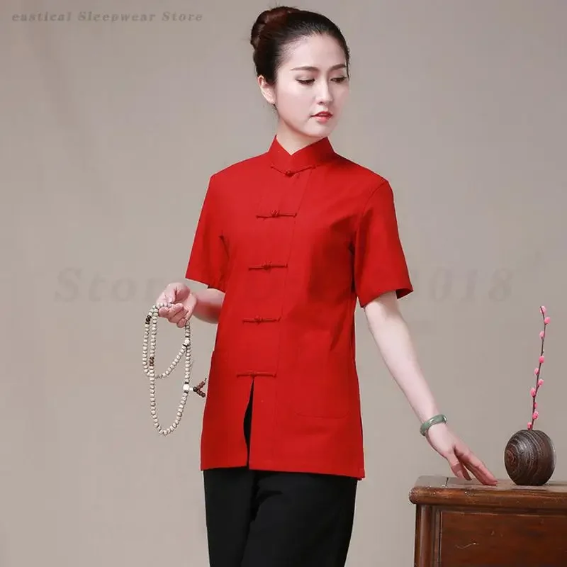 

Women Tang Style Top Chinese Traditional Clothes Summer Short Sleeve Tai Chi Kung Fu Uniform Vintage Mandarin Collar Shirts 3XL