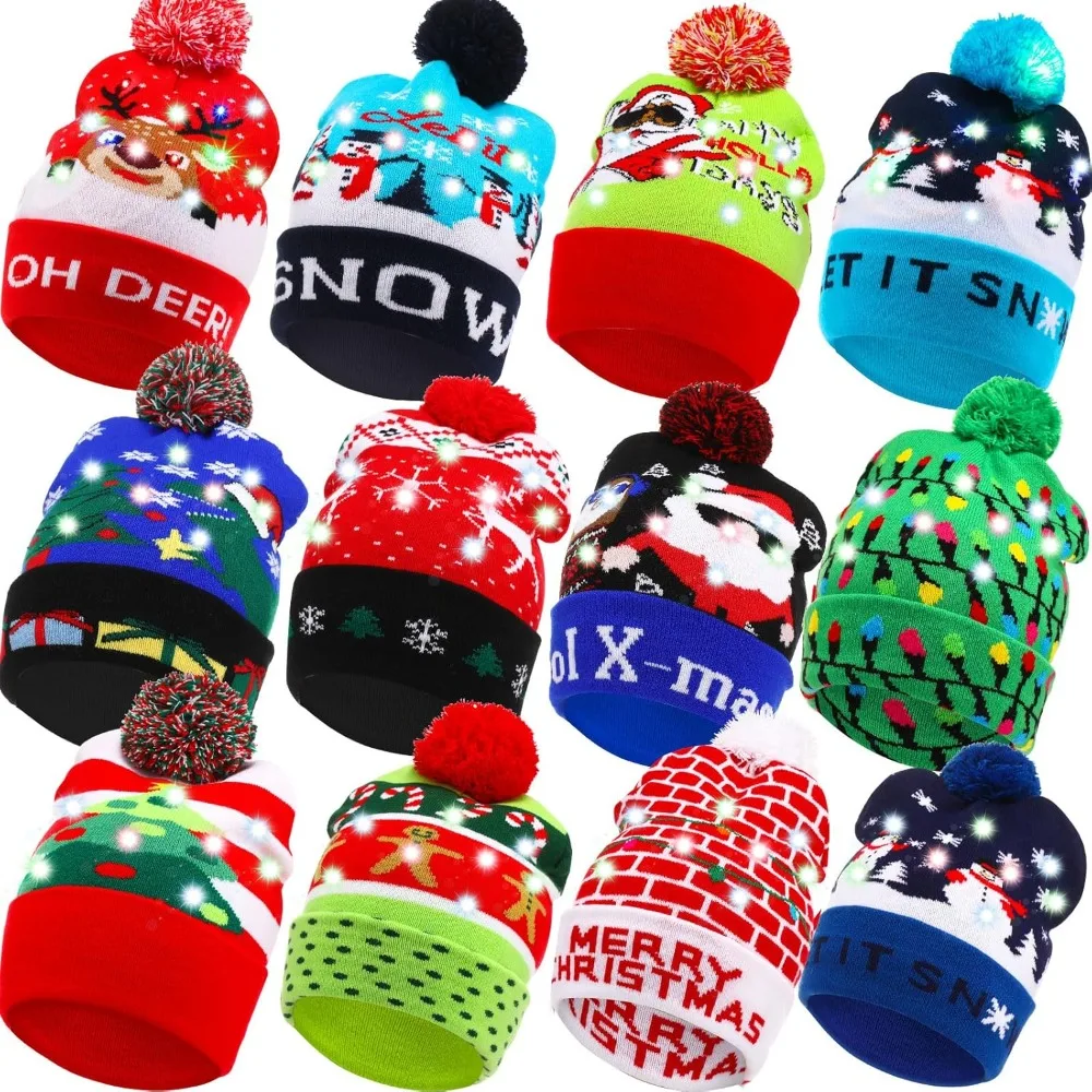 

24 Pack Christmas Light Up Hat LED Hat Colorful Flashing Knitted Beanie Ugly Sweater Xmas