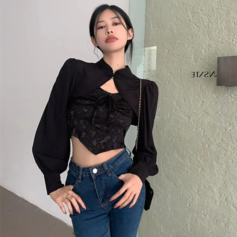 Cropped Blouses Women Elegant Aesthetic Chinese Style Temper Tradition Ladies Stand Collar Designer Luxury Minimalist All-match