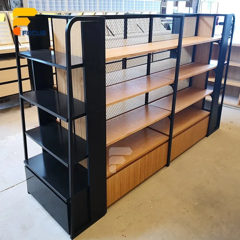 custom.Adjustable Wooden Display Rack Retail Shelving Unit Double Side Shop Fixture Metal Frame Display Stand Design