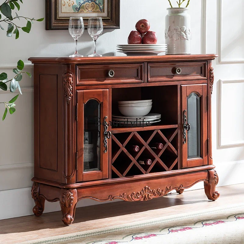 

5ld14 American wine cabinet solid wood dining side cabinet tea retro carved cupboard