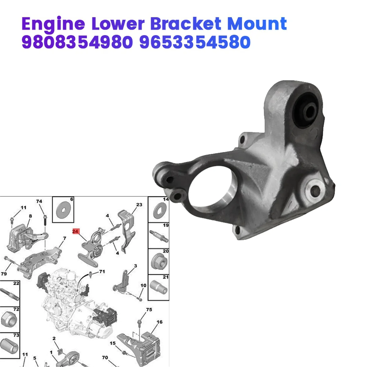 Engine Lower Bracket Mount 9808354980 9653354580 for Peugeot 208 308 2008 3008 5008 Citroen C3 C4 DS 4S Aluminum Bracket