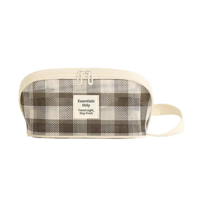 5pcs Cosmetic Bags Polyester Large Capacity Weave Grid Long Travel Light Protable Makeup Bag With Wrist