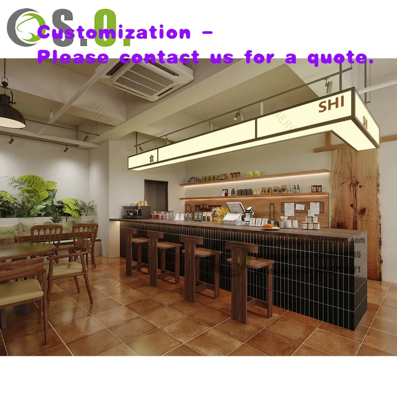 custom.Vintage Wood LED Light Coffee Shop Restaurant Cafe bar Counter Cashier Interior Shop Furniture Design Dining Table Work S