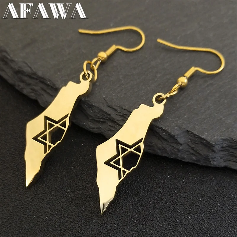 Israel Hexagram Magen Star of David Country  Map Earring Gold Color Women Stainless Steel  Jewelry Gift boucle oreille E7608S02