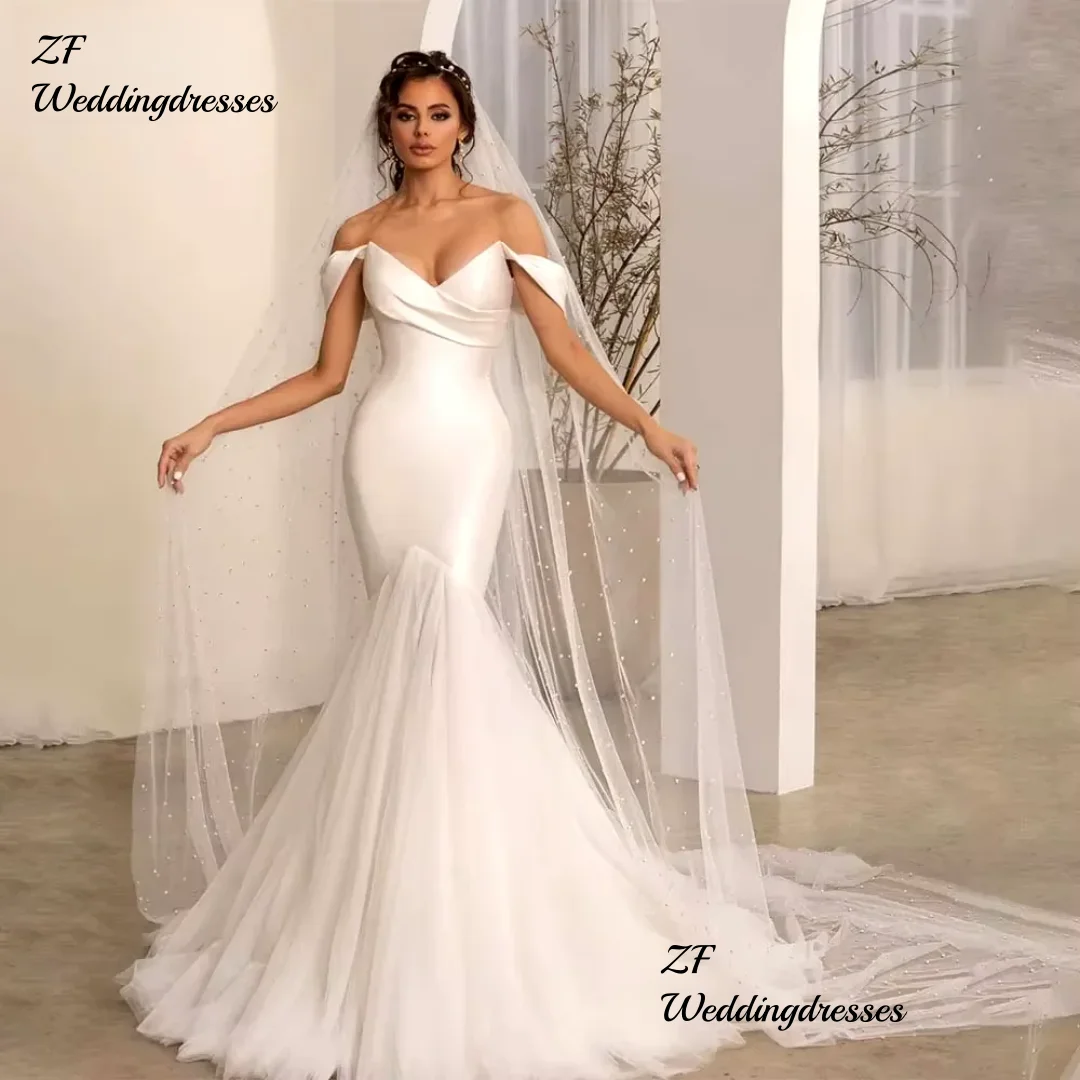Customized Wedding Dresses Satin Fashion A-Line Sweetheart Beautiful Mermaid Off Shoulder Mopping Bride Gowns Sexy Backless Slee