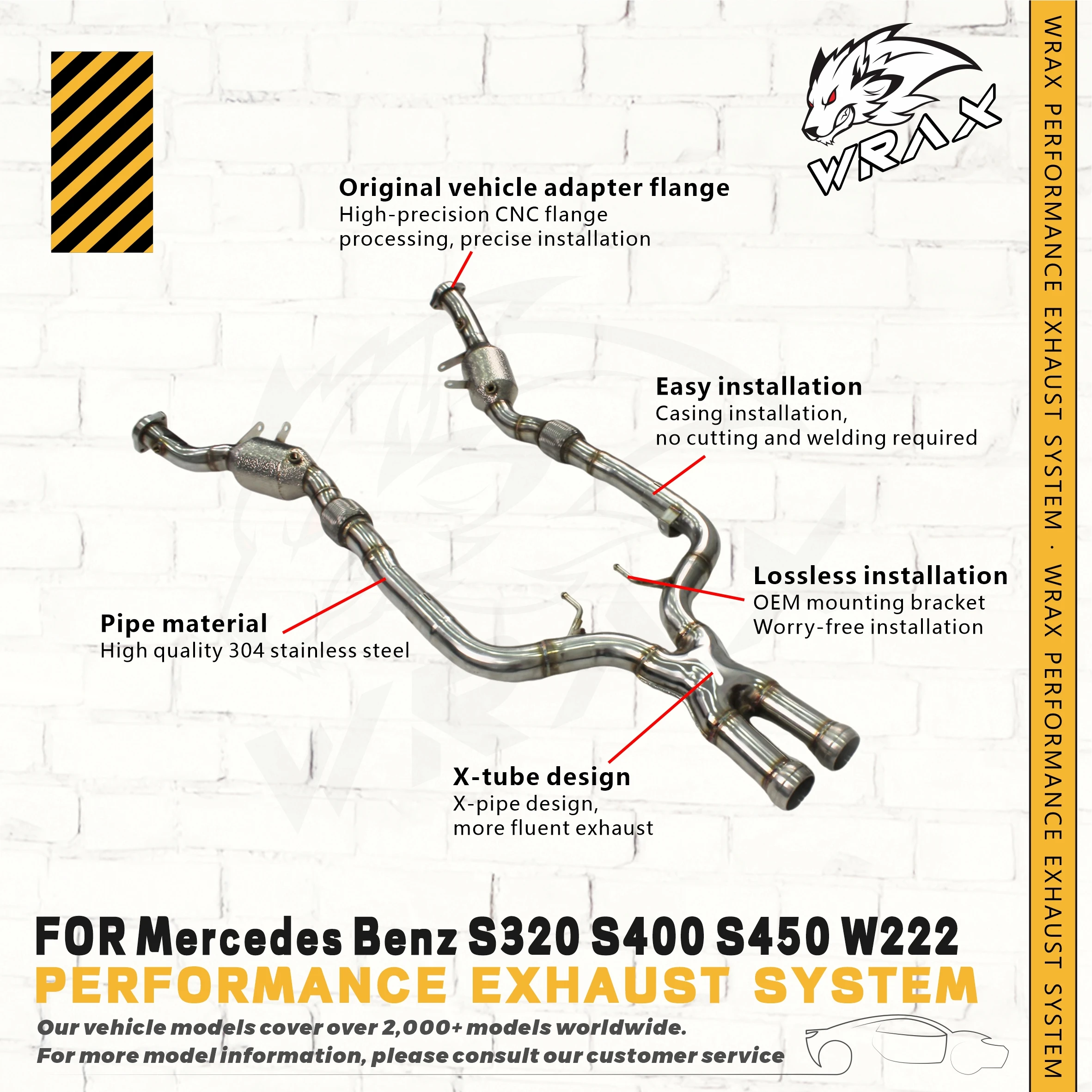 

WRAX Exhaust Systems Downpipe for Mercedes Benz S320 S400 S450 W222 X-tube design Stainless steel Catalyzed Downpipe