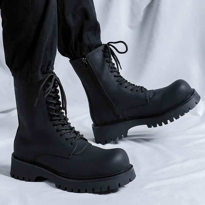 

Мужские модные высокие мотоциклетные ботинки в стиле панк, обувь из натуральной кожи, ковбойские ботинки на платформе с большим носком, красивые длинные рыцарские ботинки, мужские