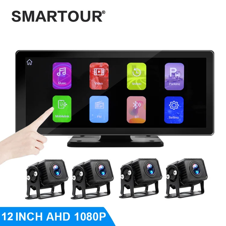 Smartour 12 Inch 1080P Touch Screen 4 Cams Way Channel Car Dash Camera Video Recorder With Rear View Mirror 4 Split Display
