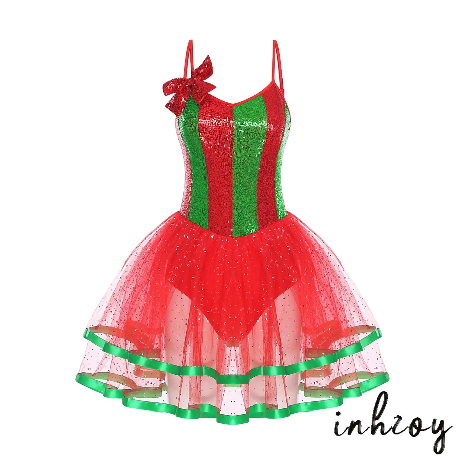 

Women Christmas Candy Cane Costume Adjustable Spaghetti Straps Sleeveless Bow Color Block Shiny Sequins Tulle Dress