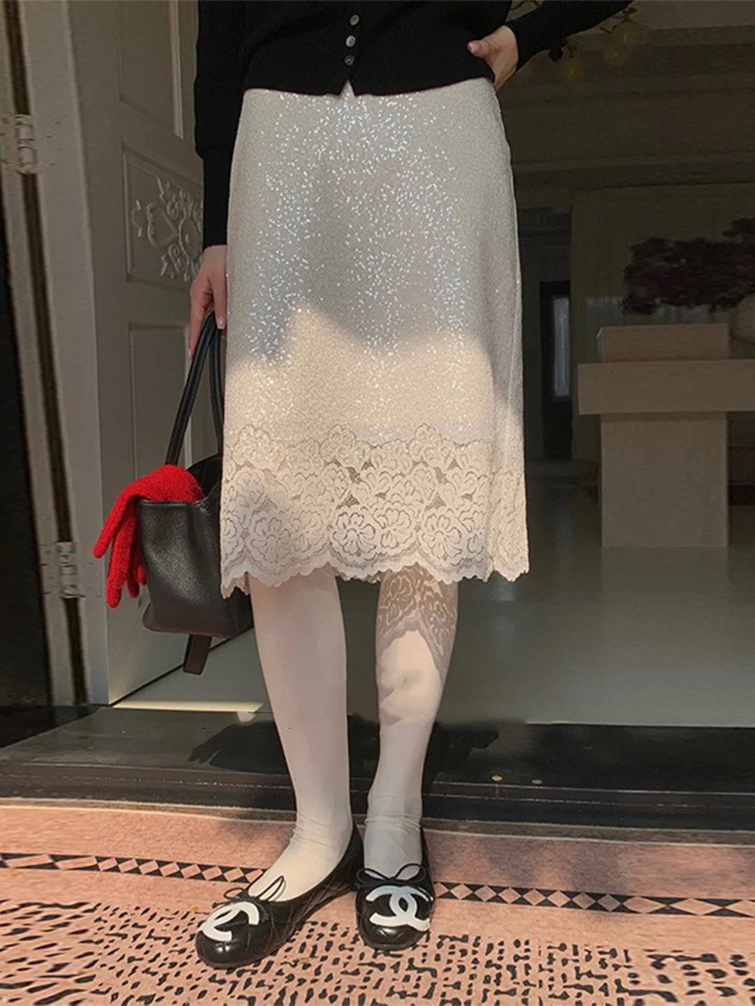 

Ele White Lace Hem Skirt for Women Spring 2026 High Waist A-Line Skirt Sequin Underlay Skin-friendly Breathable