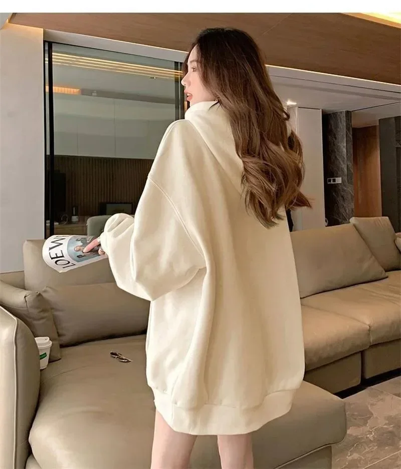 Harajuku Kawaii Grey Zip Up Hoodie Women Sweet Cute Cartoon Beige Hooded Sweatshirts Oversize Korean Fleece Girly Hooded Top Y2K