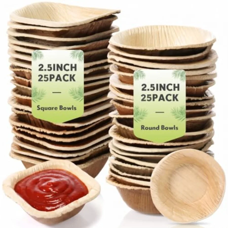 Mini tazones desechables de hoja de palma, redondos y cuadrados, compostables, pequeños, tipo bambú, para salsas de soja