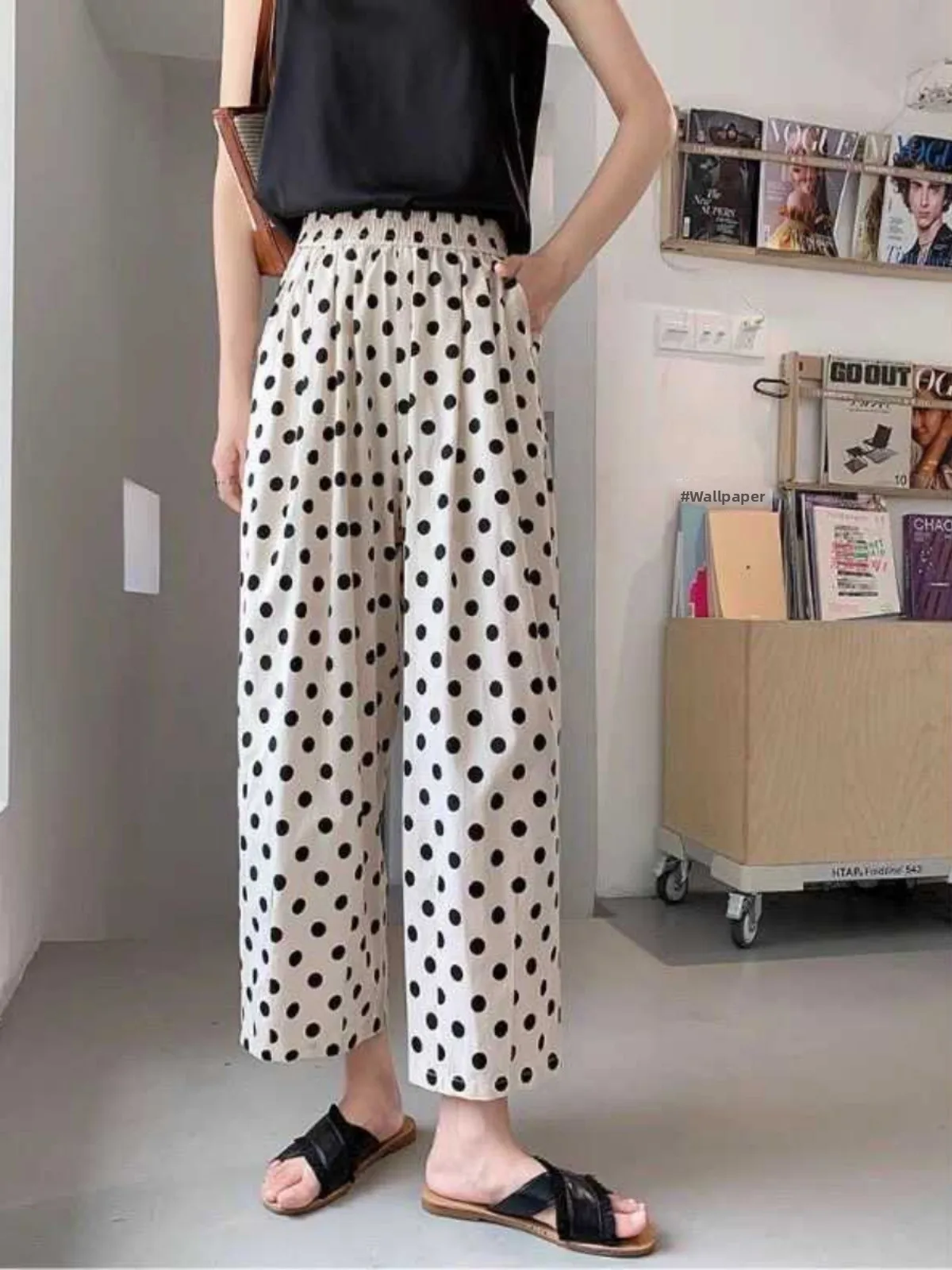 Pantalones de pierna ancha de cintura alta de lunares, pantalones informales de nueve puntos frescos de seda helada con cintura elástica fina de verano, tendencia Faion para mujer