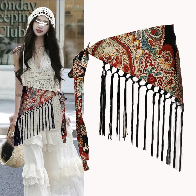 Bohemian Ethnic Style Wide Waist Belt For Women Scarf Skirt Curtain Layering Hip Cover UpTassel decoration