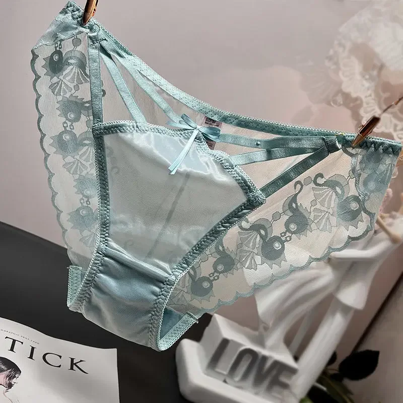 European and American Sexy Low Waist Hollow Lace Underwear Women\'s Transparent Bow Comfortable Mesh Panties Female Briefs 2024