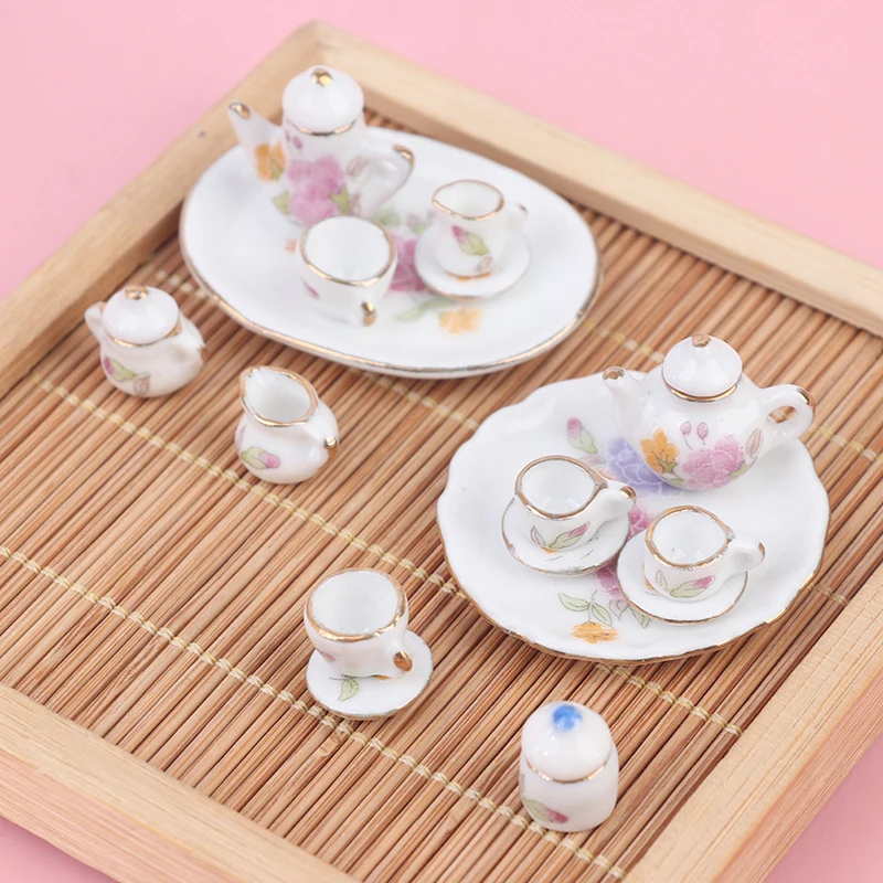 1/12 Miniature Ceramic Teaware Kitchen Teapot Tea Cup Plate Tableware Ornaments Dollhouse Furniture Toys Dining Ware