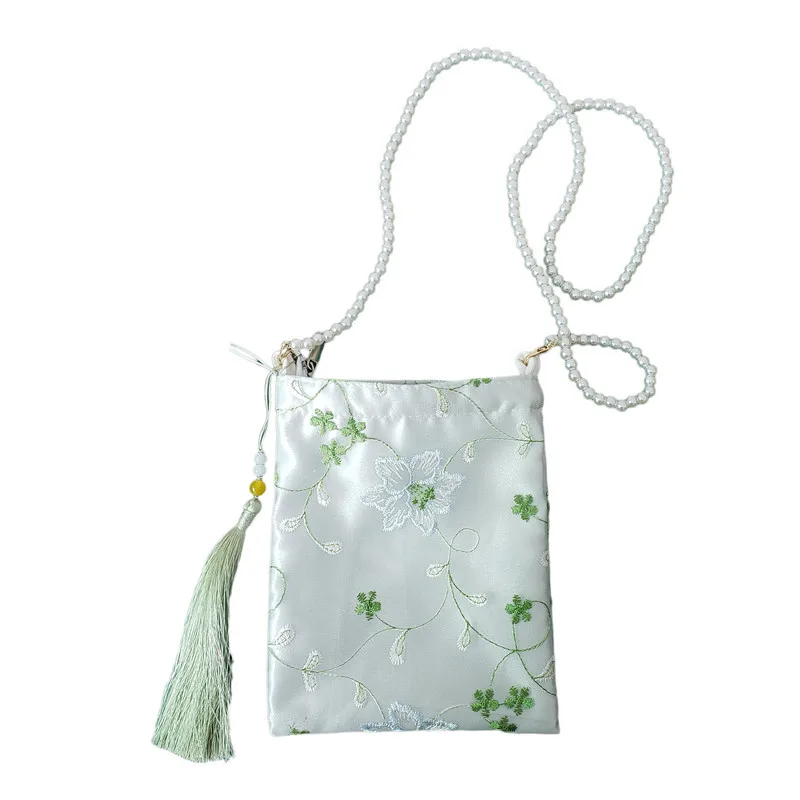 Tas Hanfu Bordir Renda Antik dengan Ritsleting Gaya Cina dan Tas Ponsel Silang Diagonal Kostum Kuno B1
