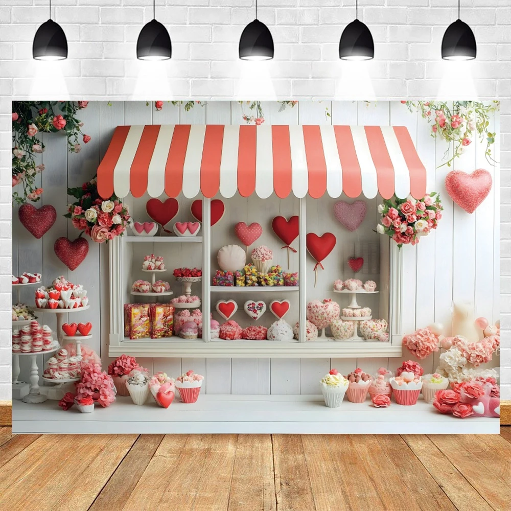 Valentines Day Cake Shop Backdrop Flowers Cupcake Sweet Kids Couple Portrait Birthday Party Photography Background Decor Banner