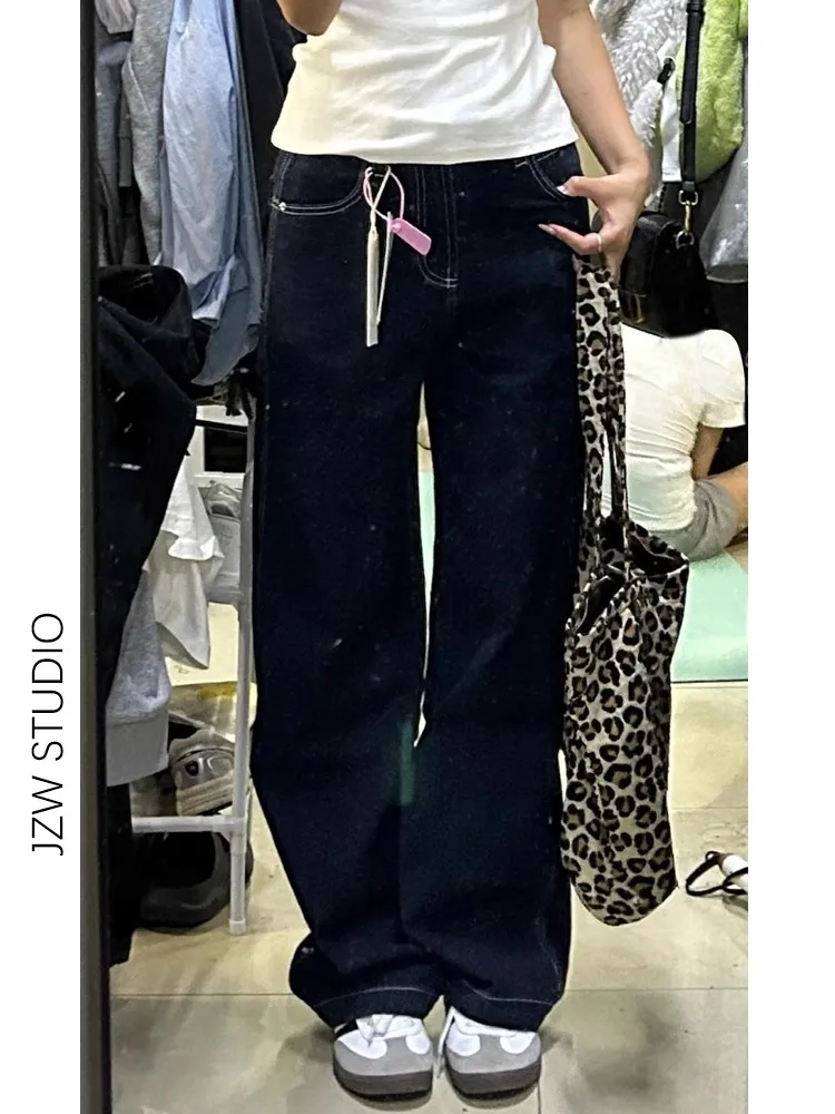 

High Waist Wide Leg American Style Denim Blue Jeans Women's Loose Fit Extended Length Draping Straight Leg Pants