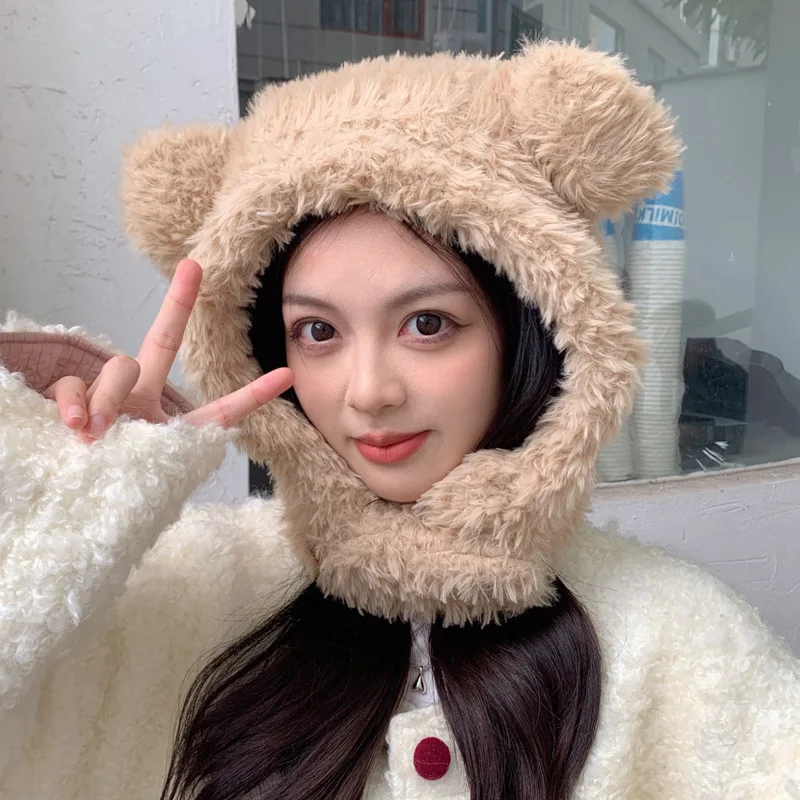 Plush bear ear hat woman winter thick cold lovely windproof neck protector scarf neck integrated hat