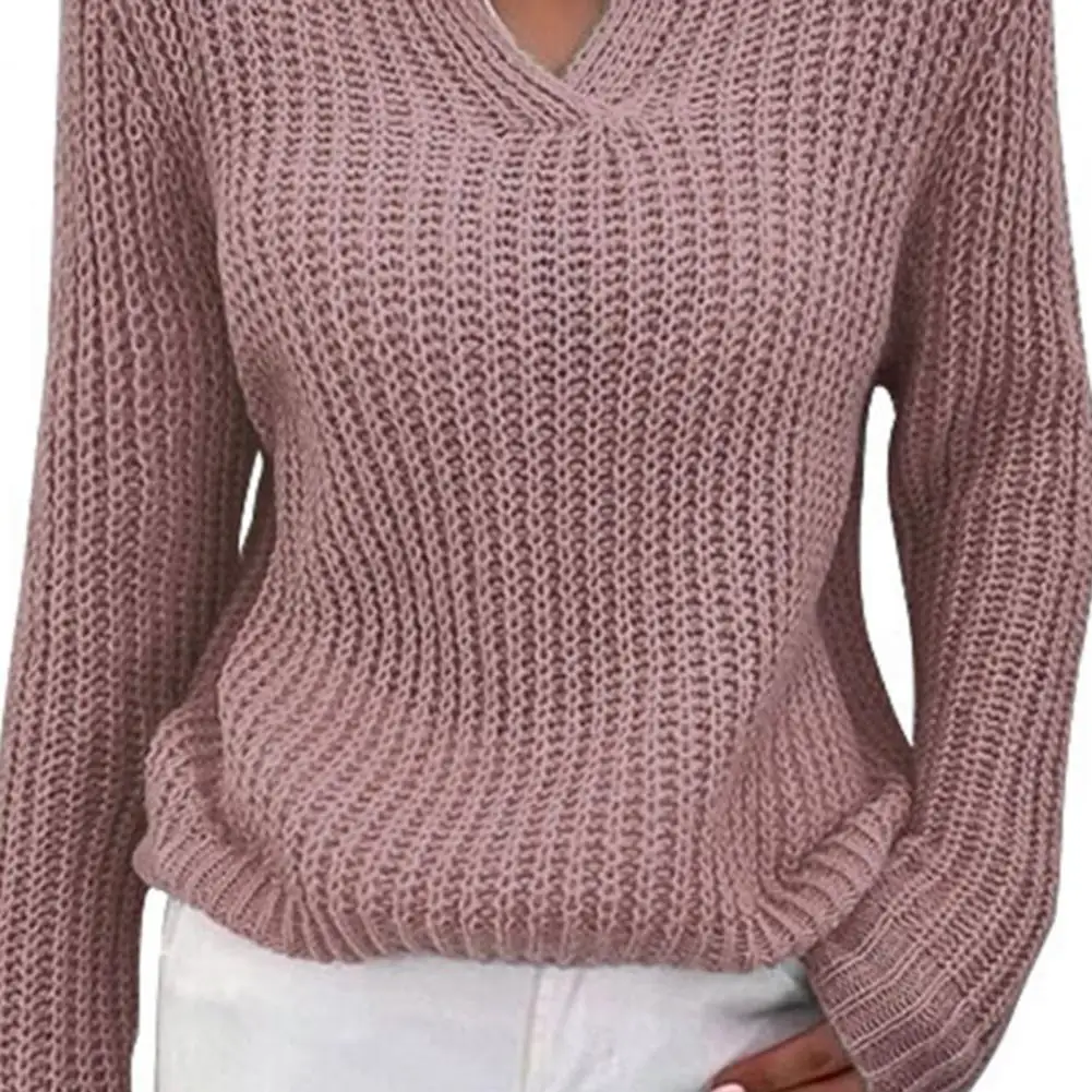 

V Neck Turn-Down Collar Knitted Sweater Women Autumn Winter Pullover Top Solid Color Slim Sweater Jumper Female Clothing