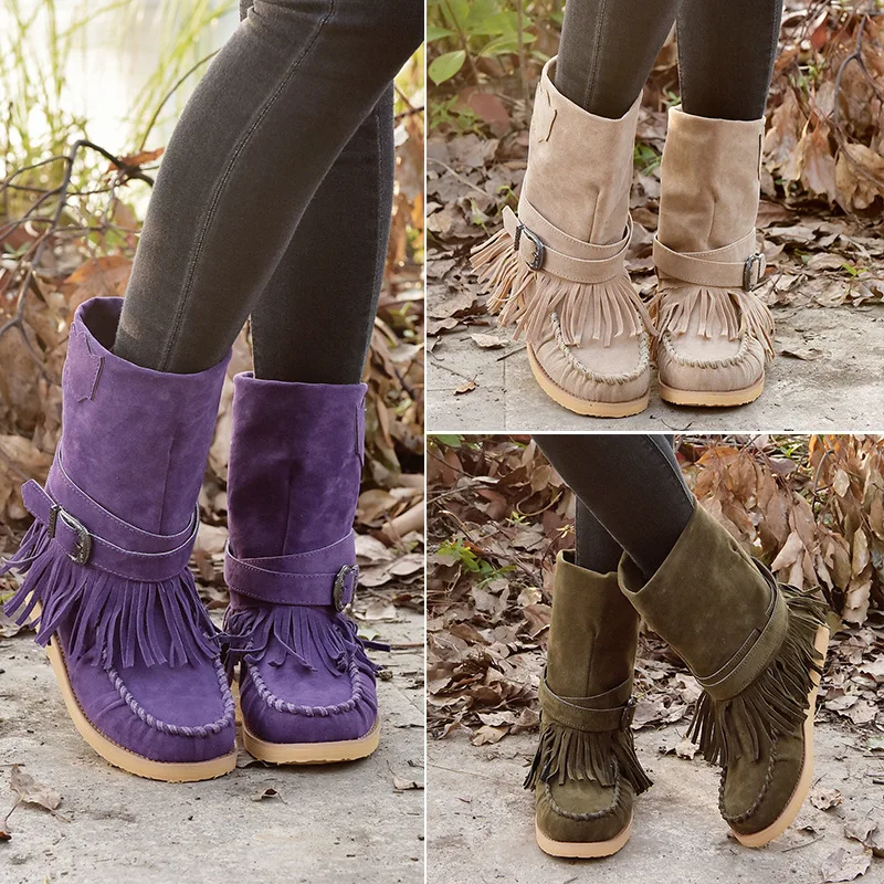 

Women's Cotton Slippers Large Tassel Casual oes Mid-Cut Winter Boots round Toe Flat Heel Rubber Outsole Comfortable Fooed