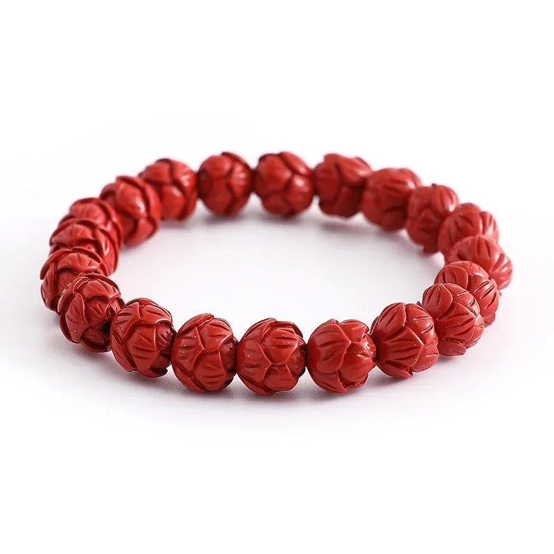 

Cinnabar Lotus Bracelet Carved Jewelry Gemstone Gemstones Charms Vintage Amulet Talismans Bead Red Natural Bracelets for Women