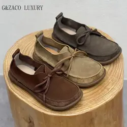 Handmade Natural Leather Women's Shoes Retro Comfortable Sole Casual Shoes Cowskin Lace-up Flat Autumn Shoes