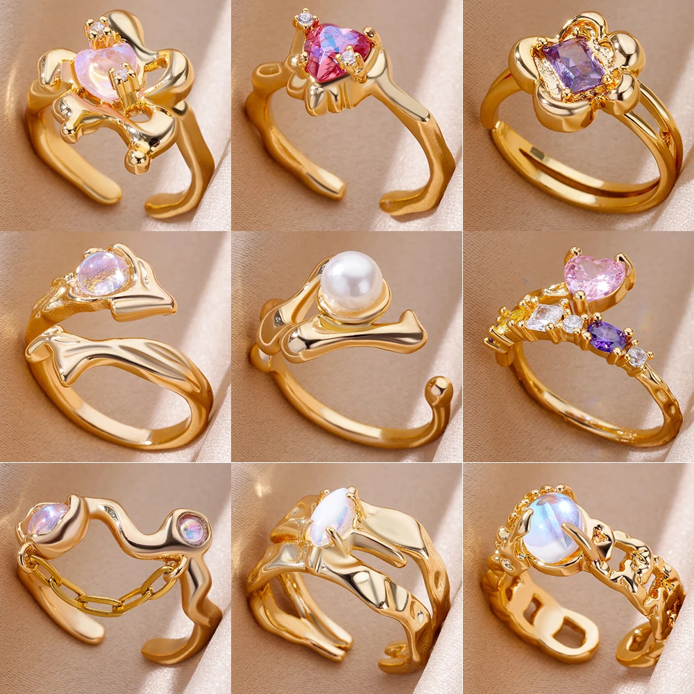 Stainless Steel Rings For Women Gold Color Fashion Heart Zircon Opening Ring Female Finger Wedding Party Jewelry Gift