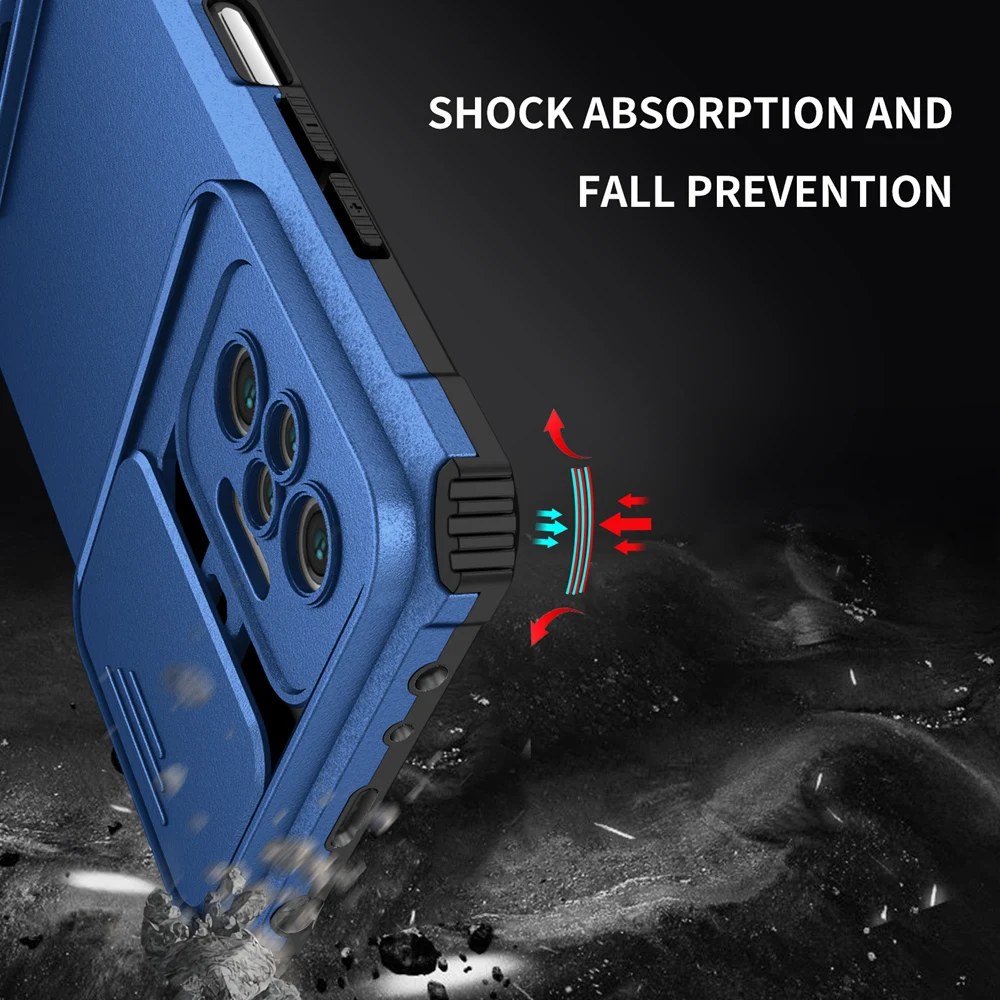 KEYSION Shockproof Case for Redmi Note 10 Pro 10S 9 8 Push Pull Camera Protection Live Stand Phone Cover for Redmi 10 C 9A 9C 9T