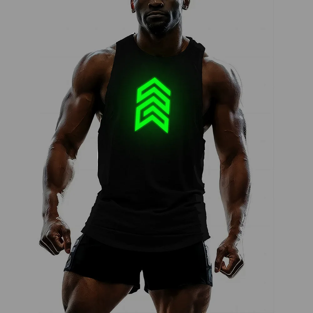 

Geometric arrow fluorescent printed summer fitness sport crew neck top Breathable fashion men's vest fitness lift iron T-shirt
