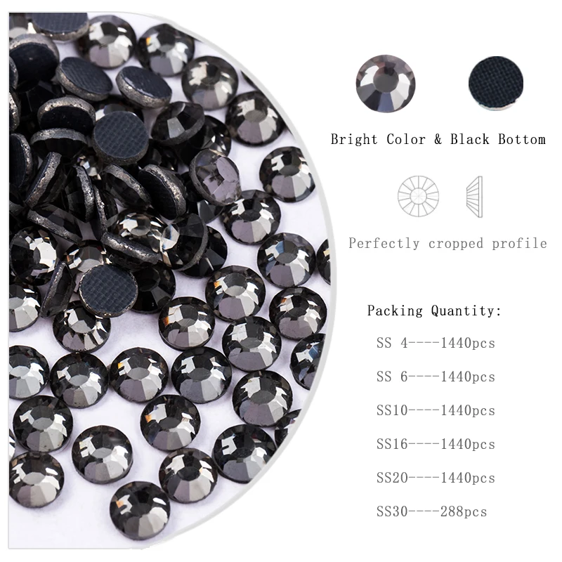 high quality Hotfix Rhinestones Black Diamond Iron On Crystal Glass Strass Clear SS4-SS30 Hot fix Rhinestone For Fabric Garment