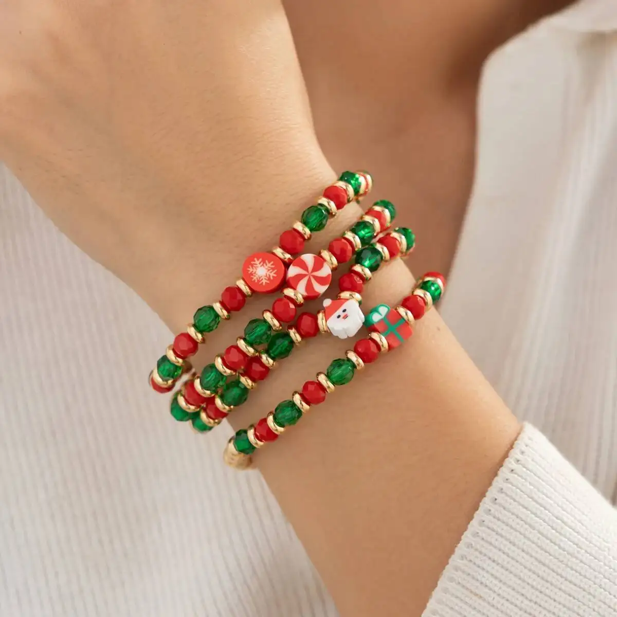 KunJoe 4 Teile/satz Rot Grün Kristall Perle Kette Armband Frauen Nette Schneeflocke Schneemann Elastizität Charme Armbänder Weihnachten Schmuck
