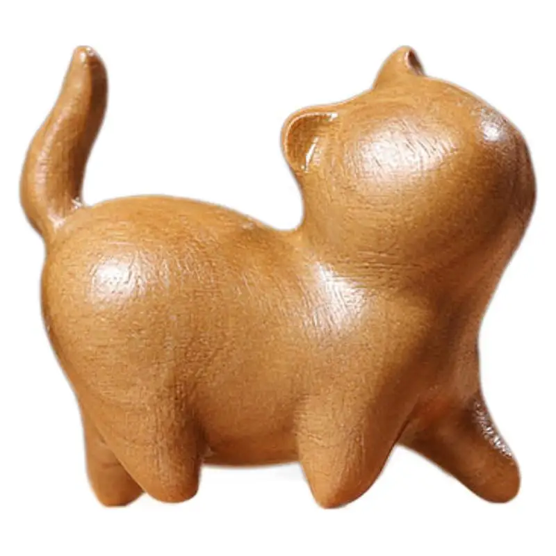 Green Sandalwood Carved Eyeless Tilt‑Head Cat Hand Piece Retro Wenwan Creative Desktop Ornament Home Decor Souvenir Gift
