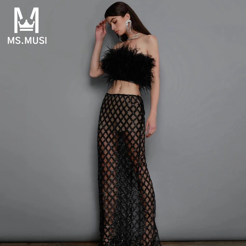 MSMUSI 2024 New Women Sexy Two Piece Set Bodycon Strapless Feather Sleeveless Backless Short Top Vest Sequin Lace Long Skirt Set