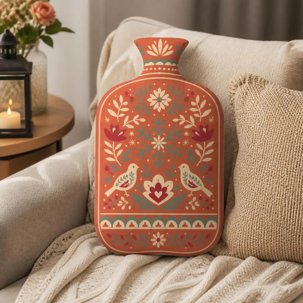 Floral Folk Art Hot Water Bottle Shaped Pillow Bird Cushion Winter Snowflake Plush Stuffed Throw Pillow Cozy Home Decor Gift