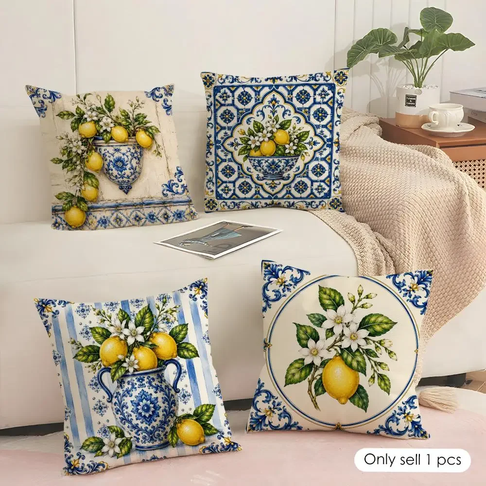 Vintage Blue and White Lemon Pattern Throw Pillow Covers for Sofa Couch Decor Home Accent Cushion