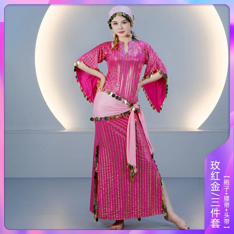 Egyptian Style Belly Dance Costume Saidi Cane Dance Folkloric Baladi Robe with Sequins Gold Stamping Striped