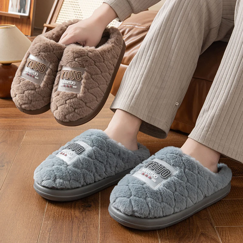 2026 Winter Platform Home Plush Slippers Men Thicken Warm Fluffy Furry Fur Slides Men Soft Sole Non Slip Bedroom Cotton Slippers