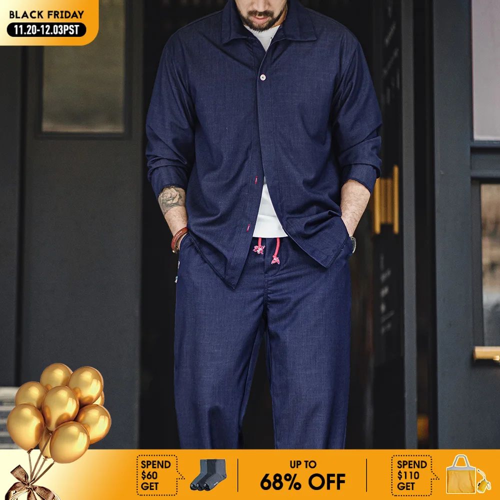 

Весенние винтажные синие комплекты Maden для мужчин, рубашка с длинным рукавом, Свободные повседневные Прямые брюки, Мужская одежда, комплект из двух предметов, блуза