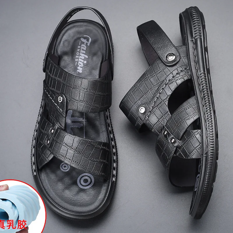 

Sandals Men's Genuine Leather Crocodile Pattern Business Leisure Non slip Men's Beach Shoes Toe Layer Cowhide Open