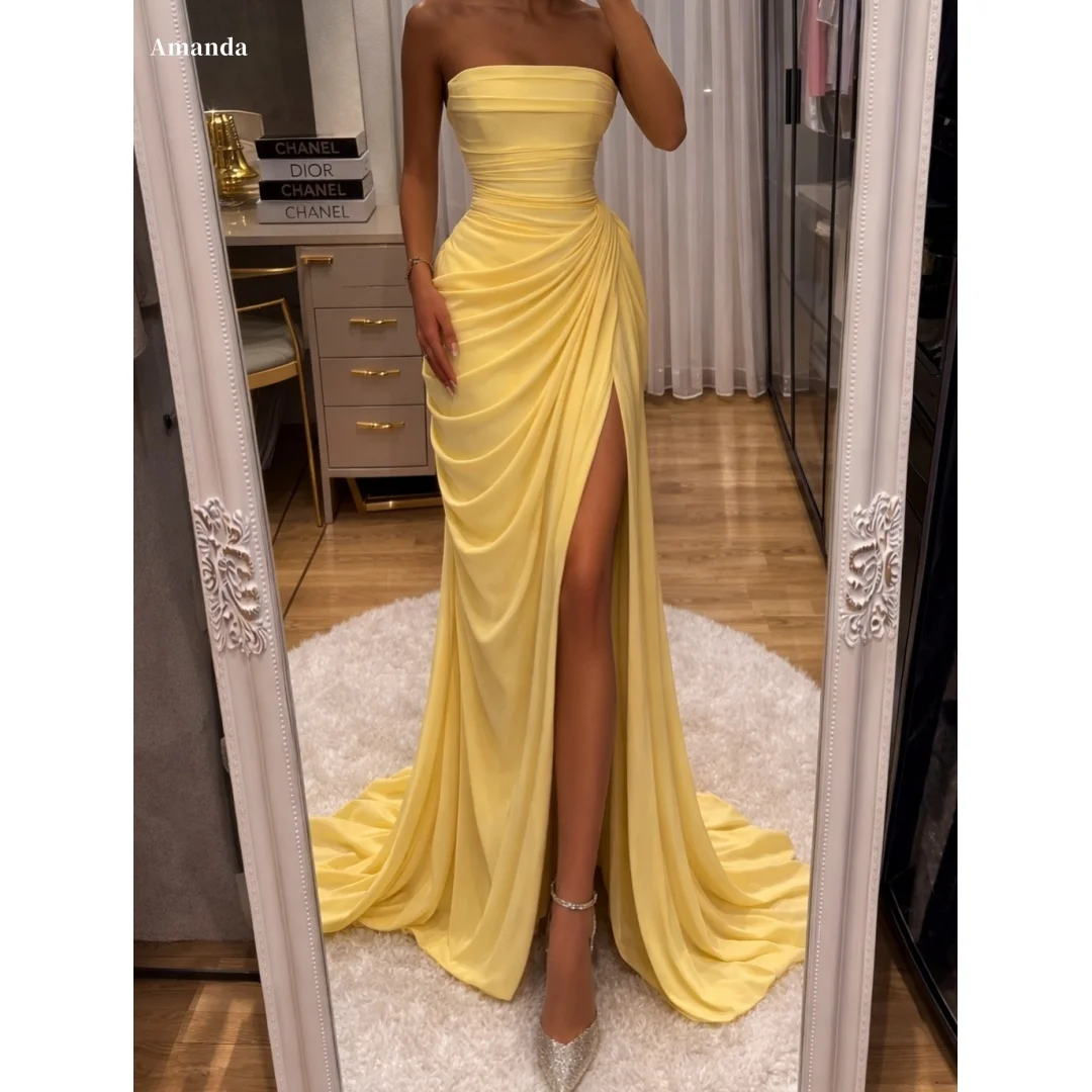 Amanda Customized Lemon Yellow Strapless Prom Dress with Draped Ruched Jersey Bodice, High Slit Floor Length vestidos de noche