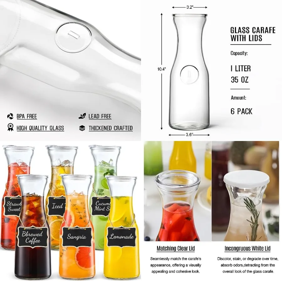 

Set of 6 Glass Carafe with Lid, 1 L Beverage Serveware Carafe, Glass Pitcher for Mimosa Bar, Brunch, Cold Water, Juice, Milk, I