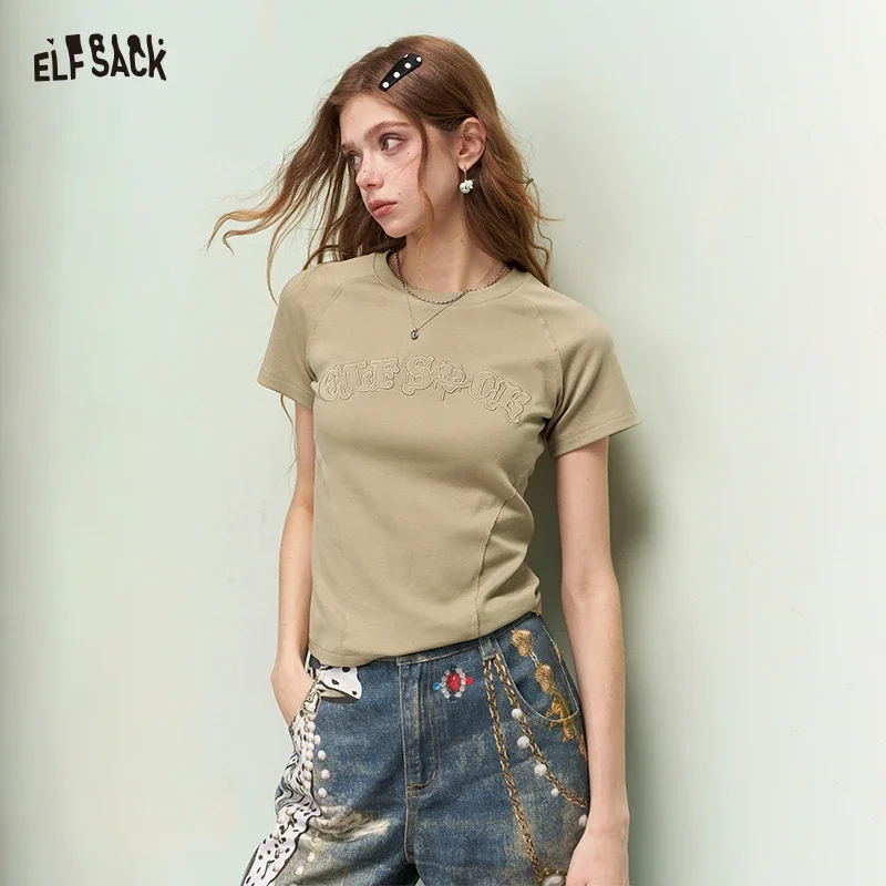 ELFSACK Women's Casual Short Sleeve T-Shirt Cotton Blend Preppy Basic Essential Summer Top