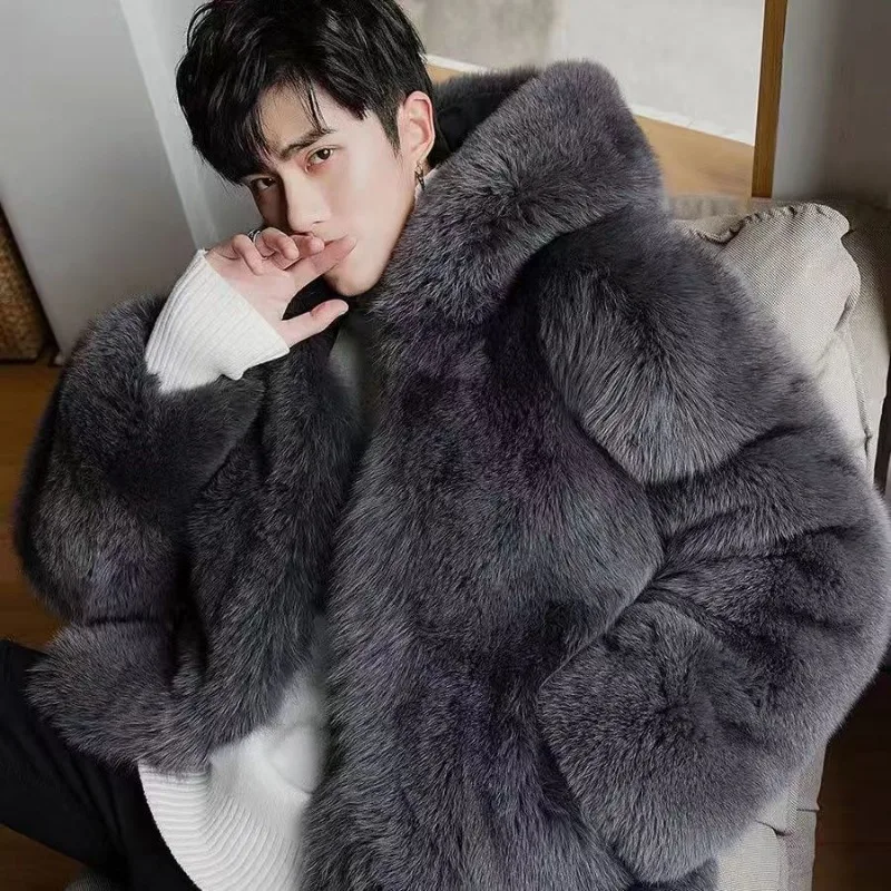 

New Autumn and Winter Models Gentleman Faux Fox Fur Hooded Coat Fashion Light Luxury Thermal Coat Thickening Type