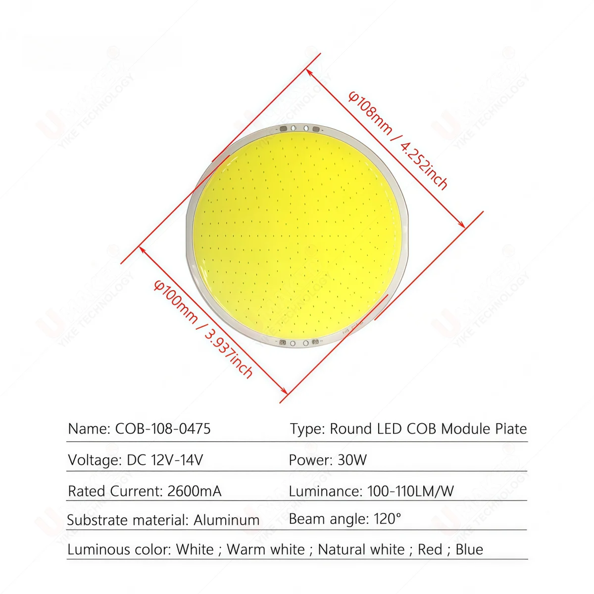 108mm 30W LED COB Module DC 12-14V Integrated Surface Light Source Round Lamp Panel Diameter Warm White Natural Red Blue Lights